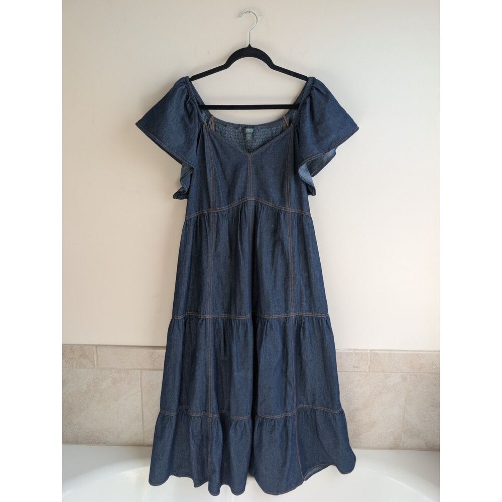 Terra & Sky 1X Dark Wash Denim Tiered Maxi Dress Flutter Sleeve Smocked Boho
